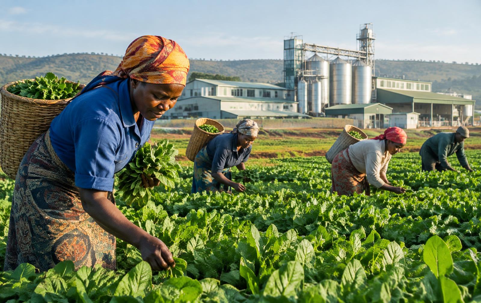 Farmers harvesting beside a food processing facility